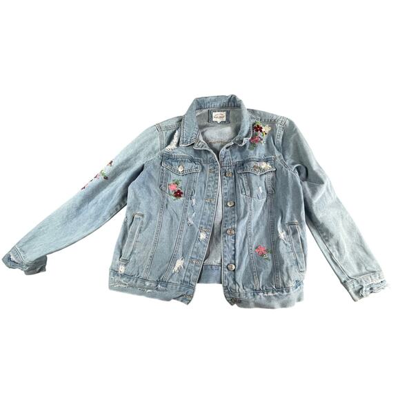 Wax Jean Jacket Womens Small Denim Distressed Floral Embroidered Front Pockets - Picture 1 of 7